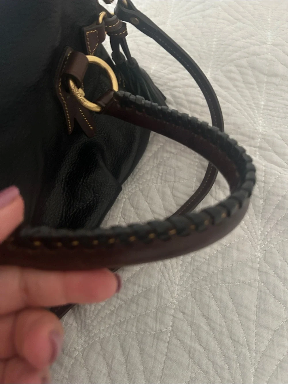 Dooney & Bourke Black Leather Satchel with Brown Trim and Gold Hardware
